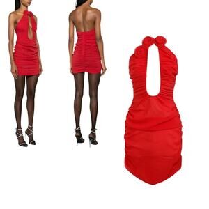 rose appliqué ruched mini dress